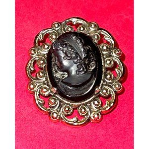 Vintage Black Jet? Cameo Mourning Brooch West Germany Silver Color Filigree